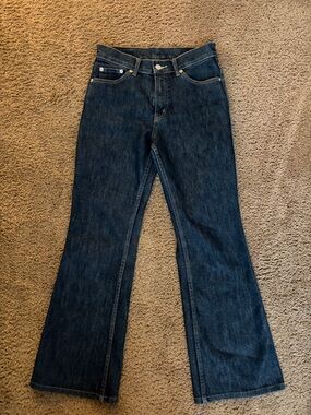 Women's Dark Blue Flare Jeans - Mid Rise Wide Leg